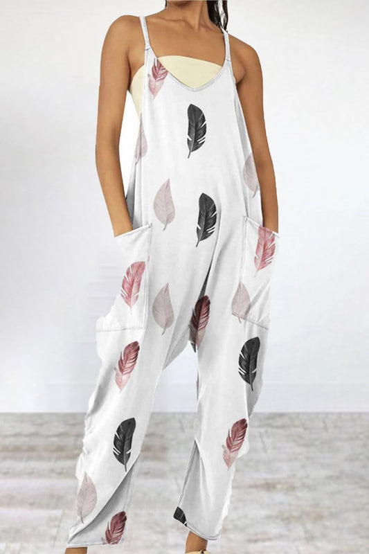 Casual Print Patchwork Pocket V Neck Loose Jumpsuits