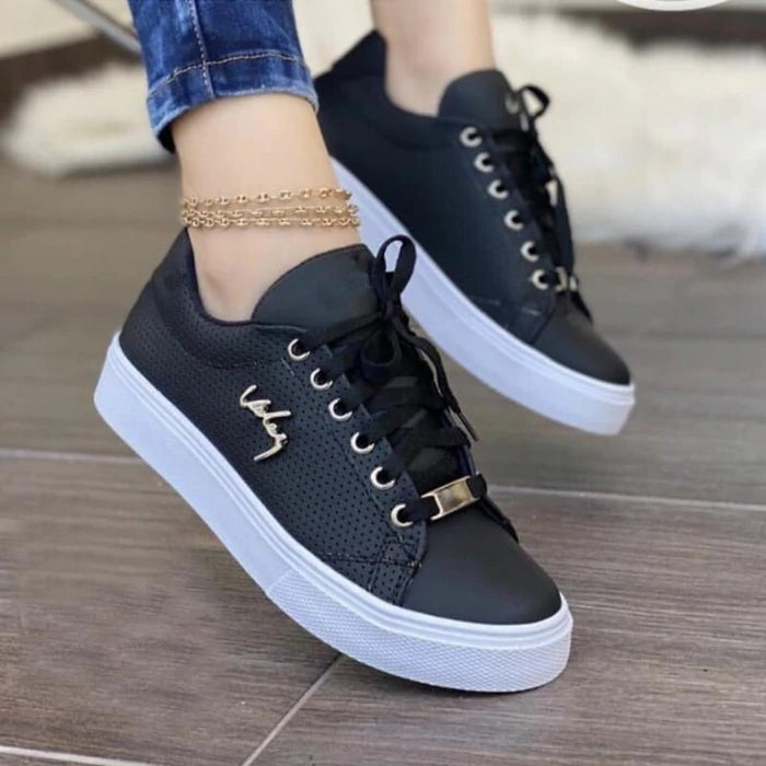 WOMEN'S CASUAL DAILY PURE COLOR ALL SEASON FLAT LACE-UP SNEAKERS