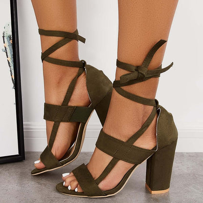 Lace Up Chunky Block High Heel Sandals Ankle Strap Dress Heels