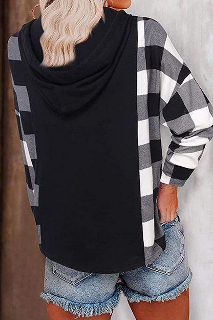 Casual Plaid Print Draw String Hooded Collar Tops
