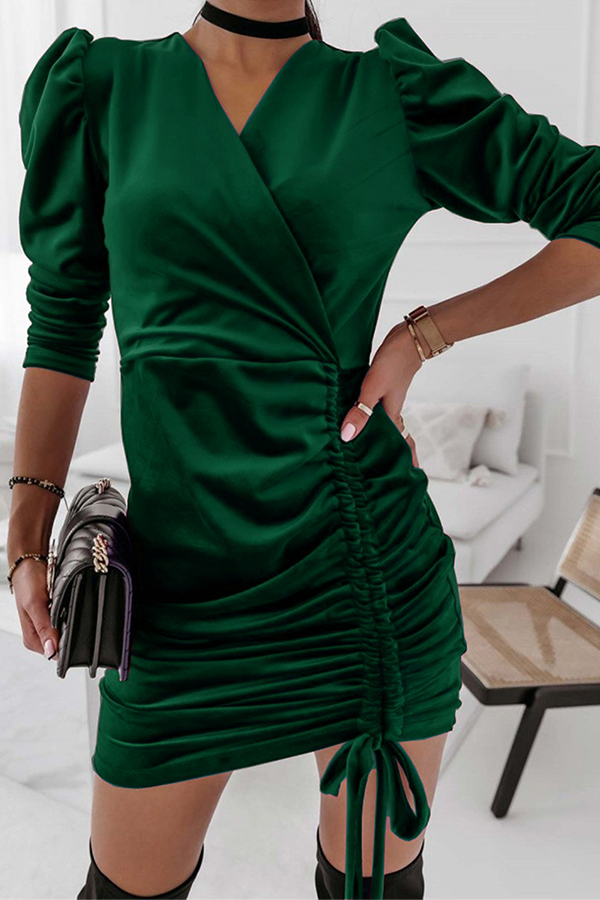 Elegant Solid Patchwork Draw String V Neck Pencil Skirt Dresses