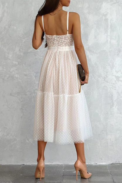 Casual Patchwork Lace Spaghetti Strap Cake Skirt Dresses