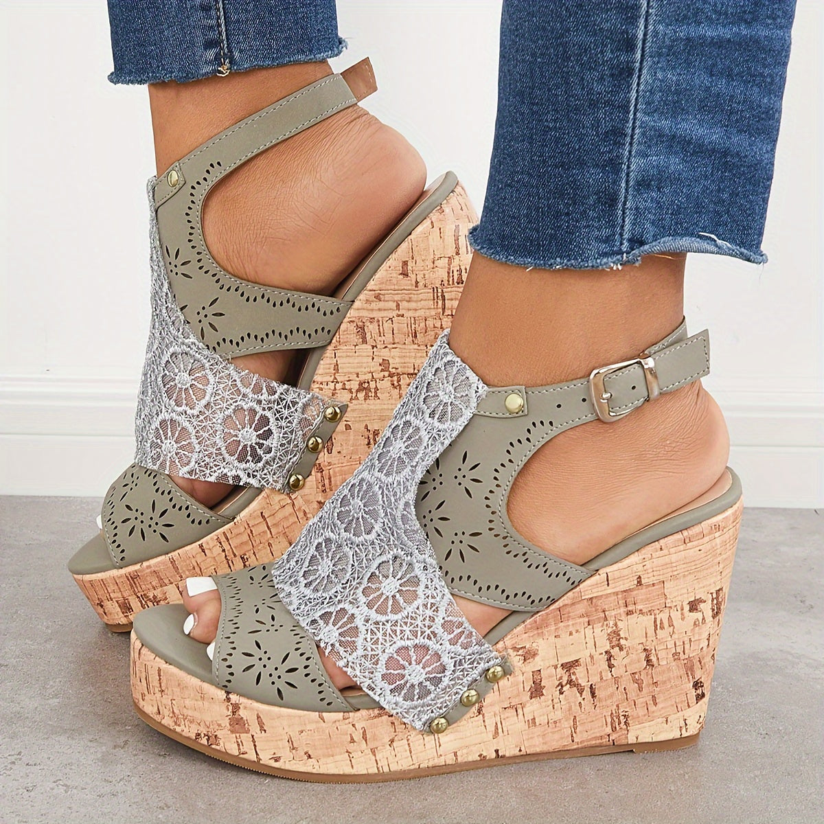 Women's Lace Peep Toe Platform Wedge Sandals