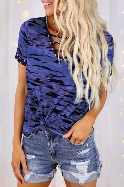 Casual Street Camouflage Print Hollowed Out Split Joint V Neck T-Shirts(5 colors)