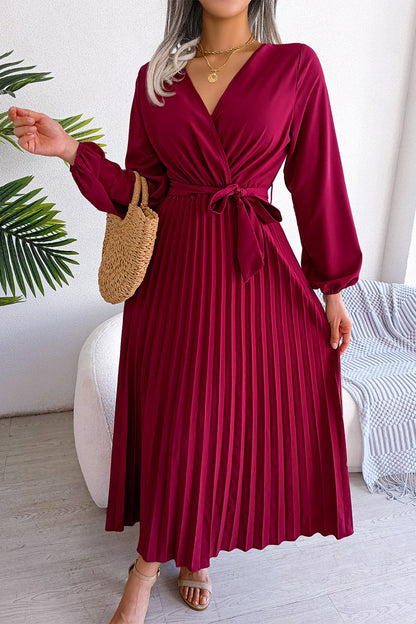 Elegant Solid Frenulum Fold V Neck Pleated Dresses(5 Colors)