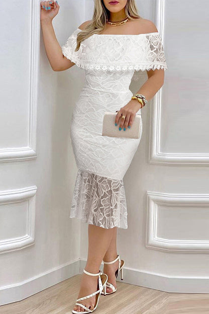 Celebrities Elegant Solid Lace Off the Shoulder Waist Skirt Dresses