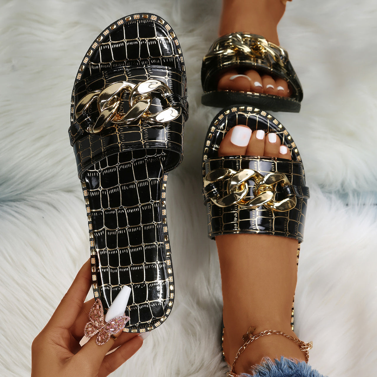 Non-Slip Women's Patent Leather Slides with Metal Chain Décor