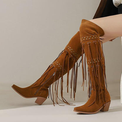 Women's Fashion Stud Tassel Chunky Heel Over-the-Knee Boots 25590507S