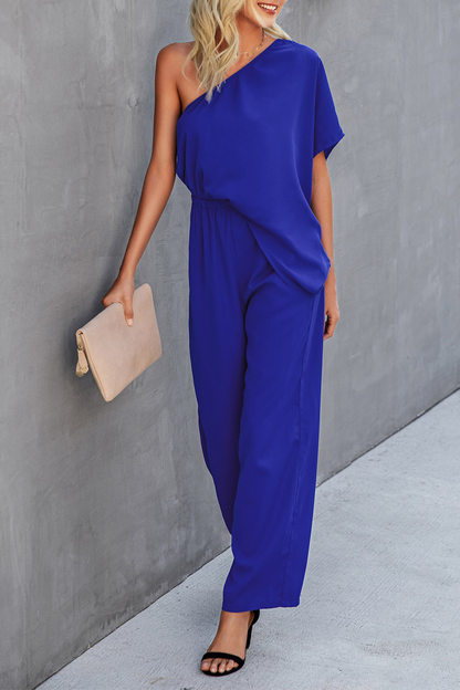 Elegant Solid Patchwork Oblique Collar Regular Jumpsuits(4 colors)