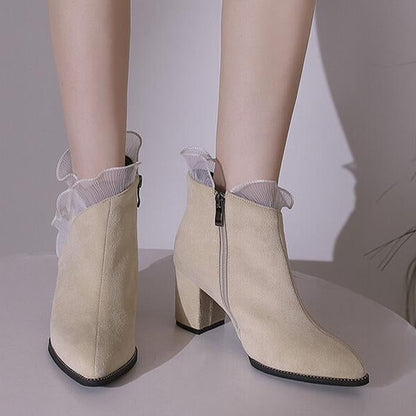 Women's Elegant Lace Trim Chunky Heel Ankle Boots 41832404S