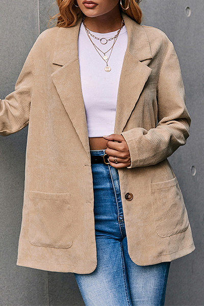 Casual Solid Pocket Buckle Turn-back Collar Outerwear
