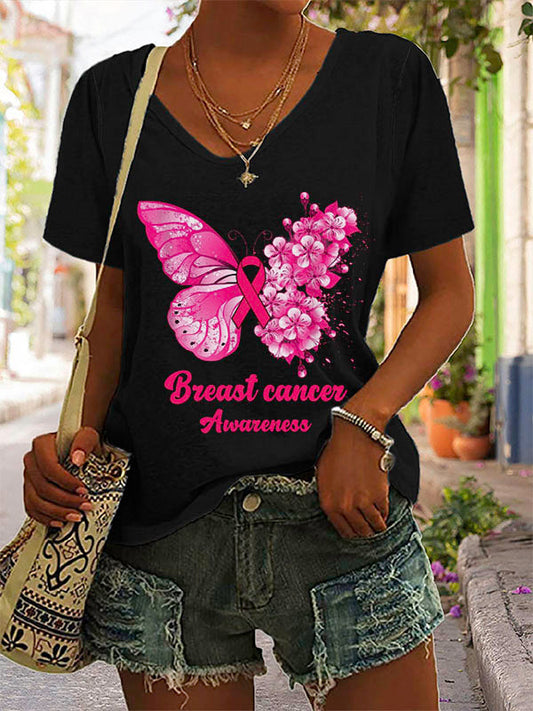 Pink Ribbon Butterfly Breast Cancer Awareness V-neck Short Sleeve T-shirt