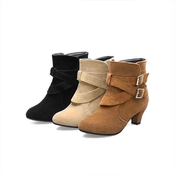 Women's Medium Heel Chunky Heel Belt Buckle Scrub Boots 30847389C