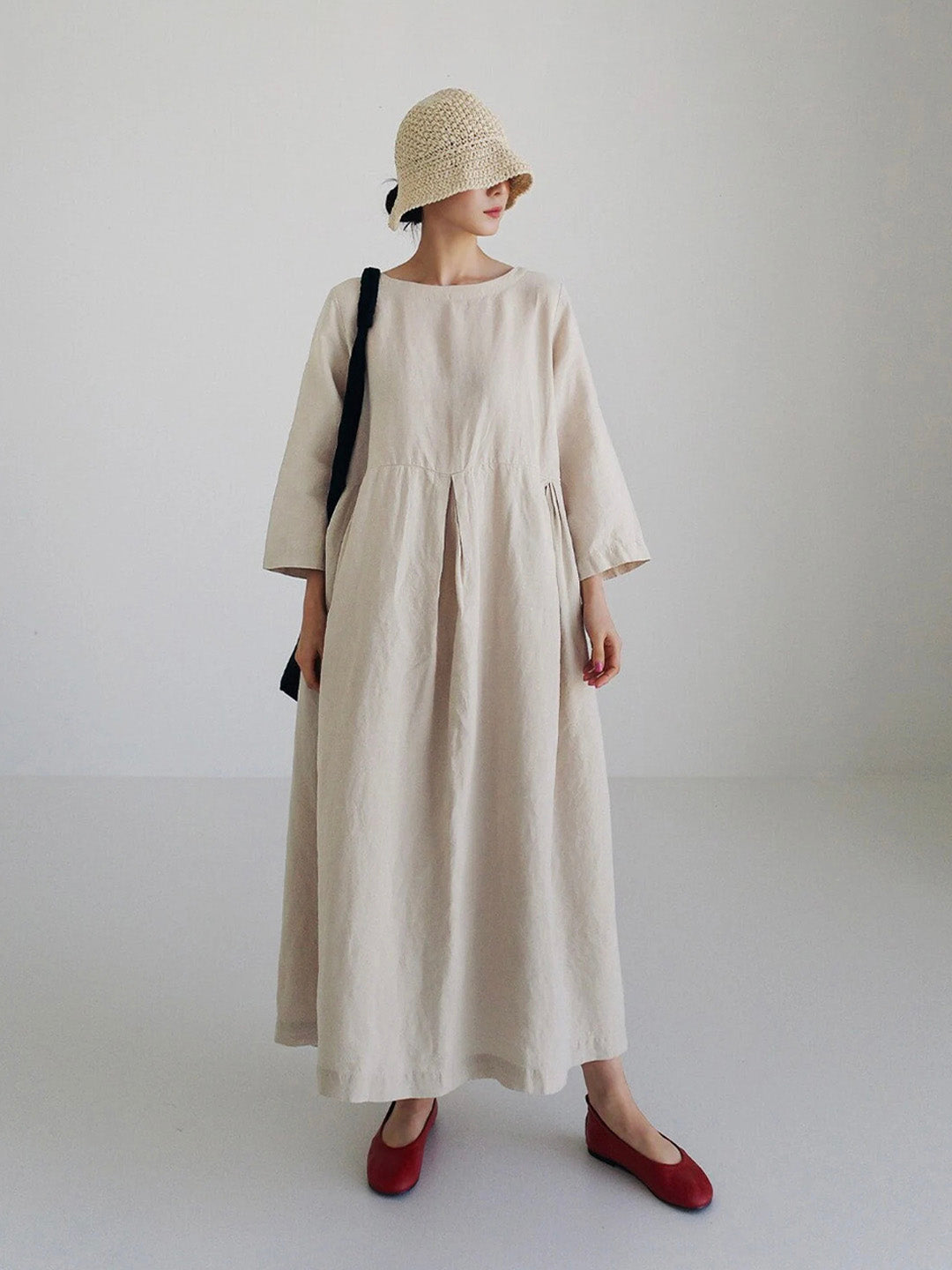 Loose Cotton and Linen Dress With Side Pockets