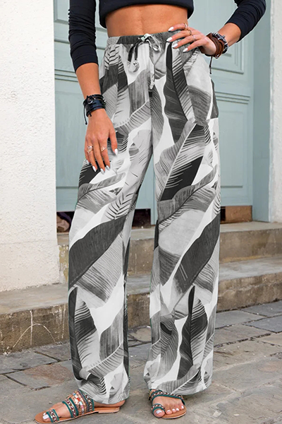Street Print Draw String Pocket Straight Wide Leg Full Print Bottoms