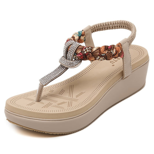 Women's Boho Rhinestone Braided Strap Wedge Sandals