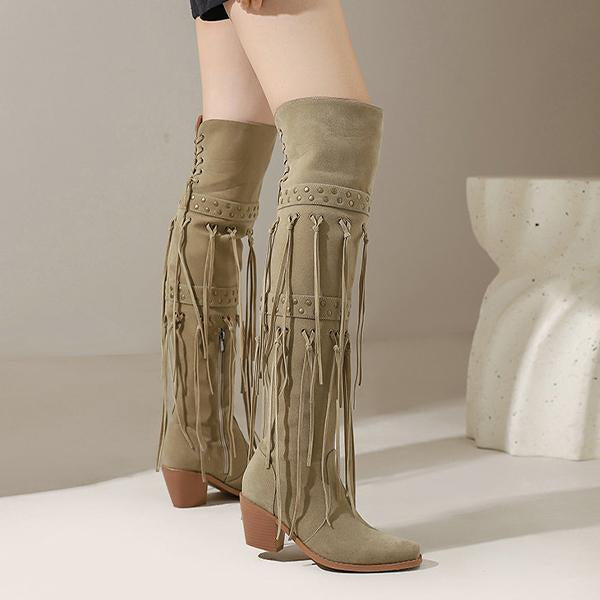 Women's Fashion Stud Tassel Chunky Heel Over-the-Knee Boots 25590507S