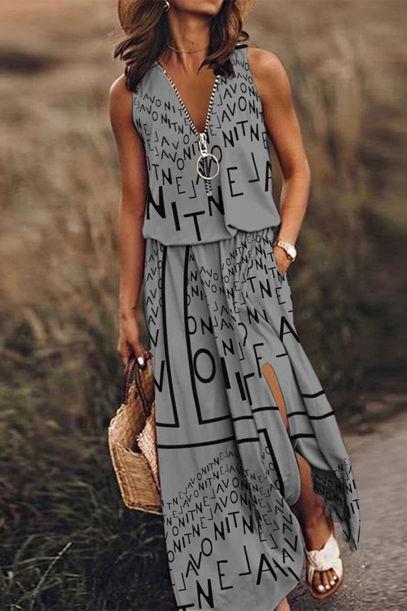 Casual Street Letter Zipper V Neck Vest Dress Dresses