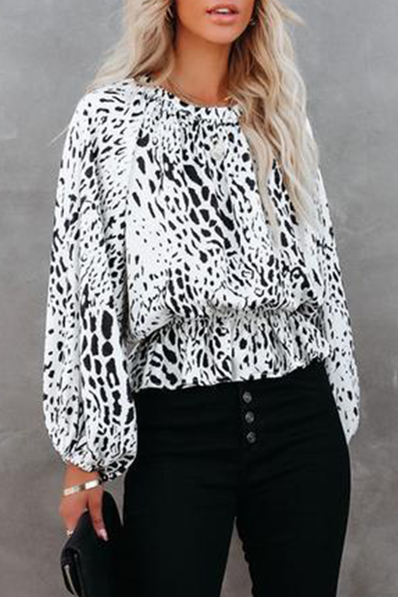 Elegant Leopard Patchwork Fold O Neck Blouses