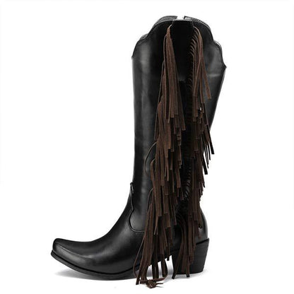 Women's Mid Heel High Boots But Not Knee Chunky Heel Fringed Boots 25406999C