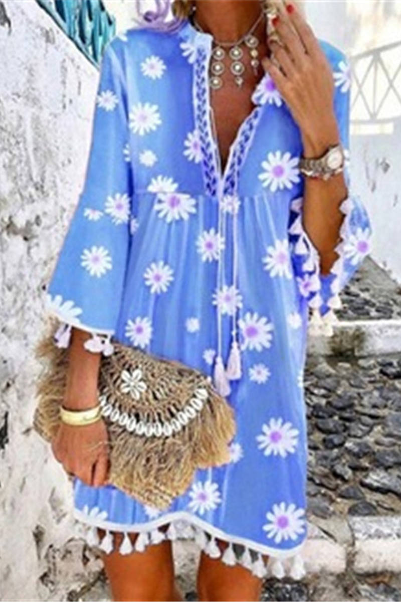 Elegant Patchwork Floral Tassel V Neck A Line Dresses