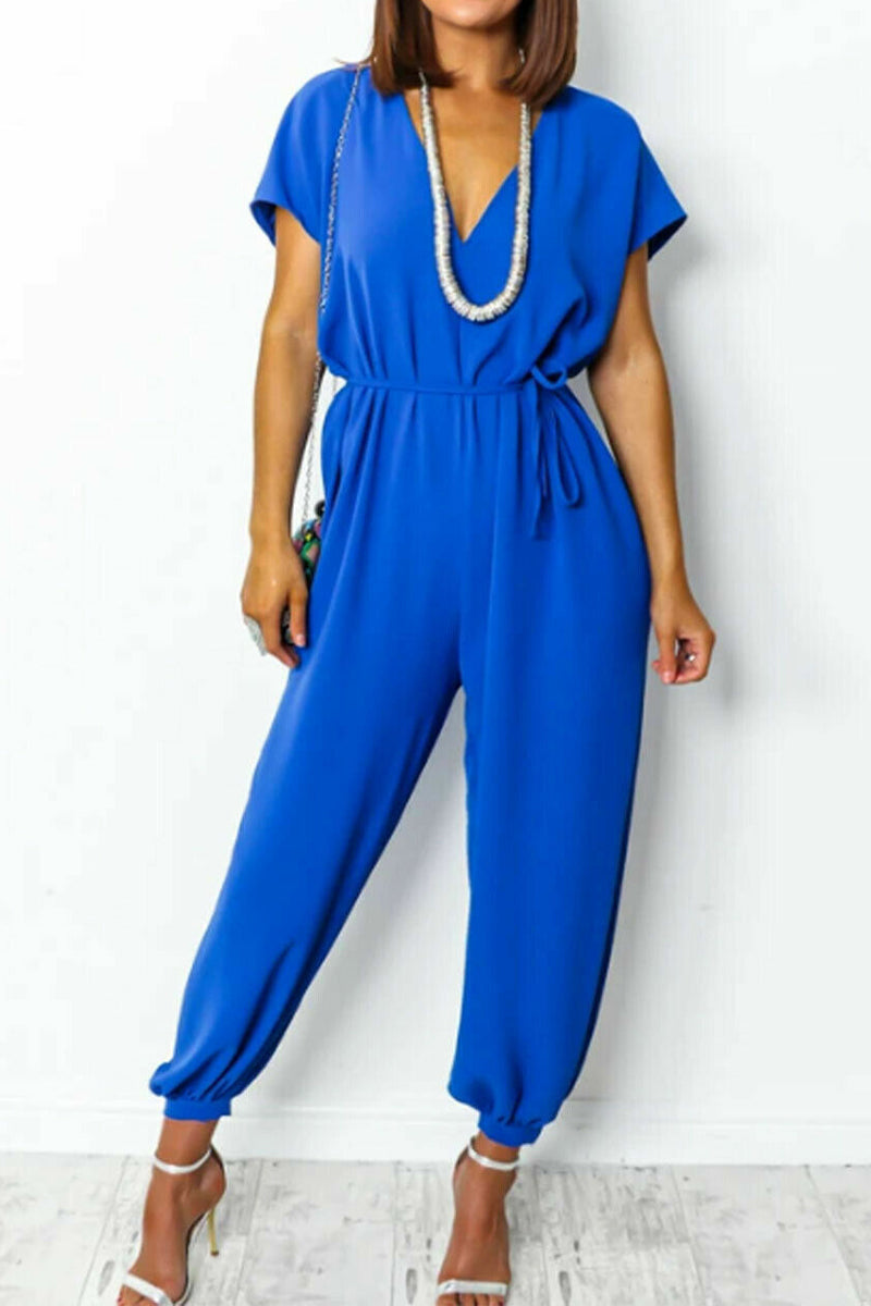 Casual Simplicity Solid Frenulum V Neck Loose Jumpsuits