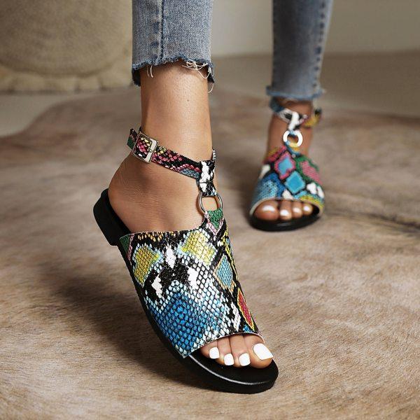 Women's Snake Print Buckle Casual Sandals