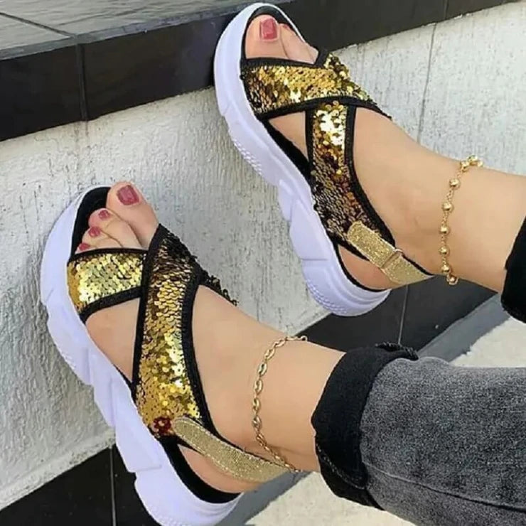 Women's Fashion Casual Sequin Platform Heel Sanda