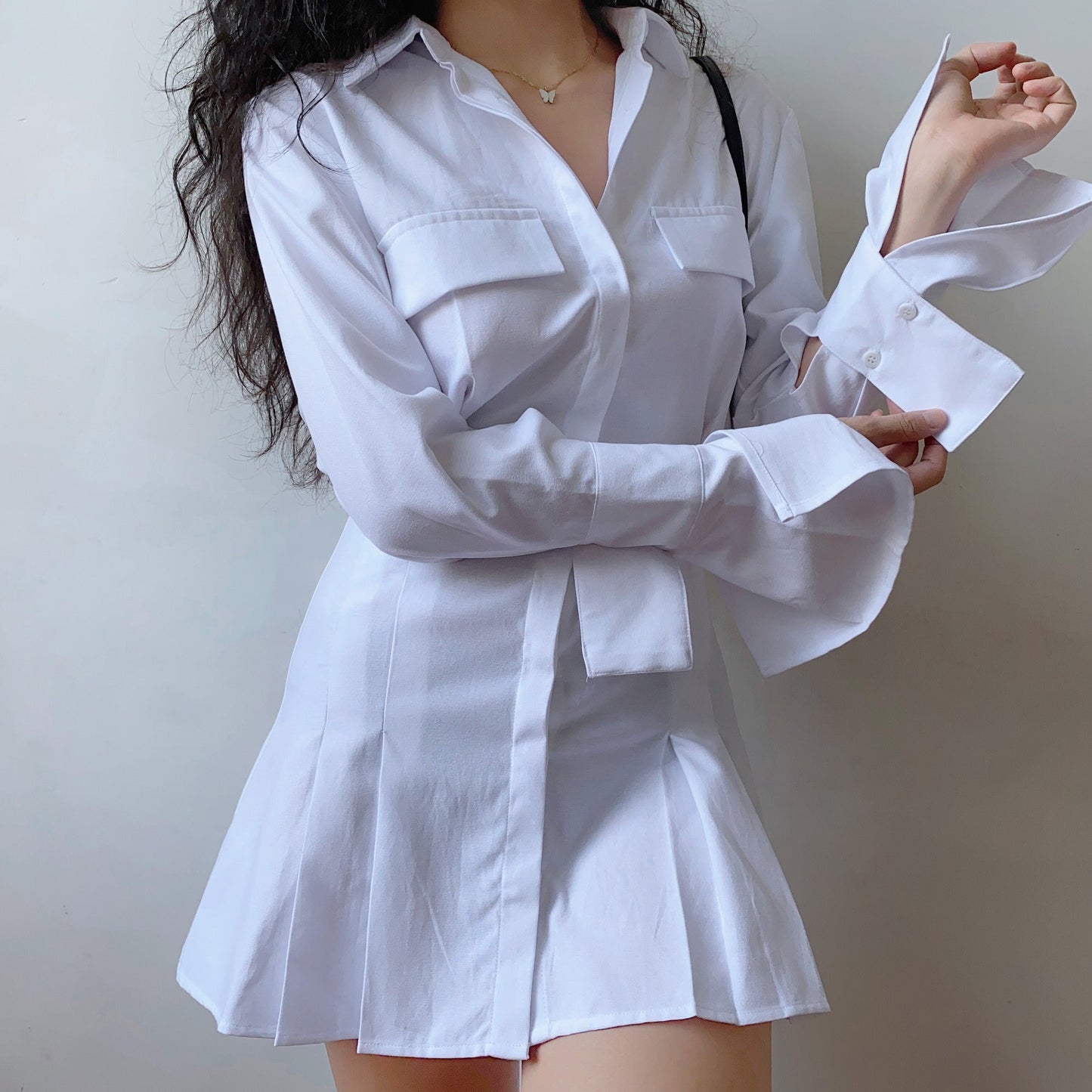 Trumpet Sleeve Button Up Dress