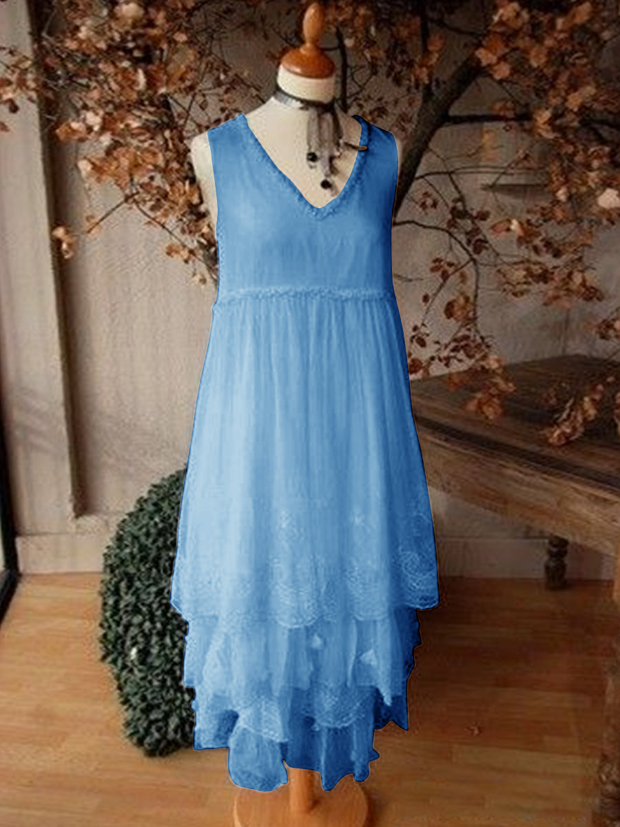 Women's V-neck Sleeveless Layered Linen A-line Dress