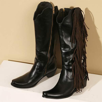 Women's Mid Heel High Boots But Not Knee Chunky Heel Fringed Boots 25406999C