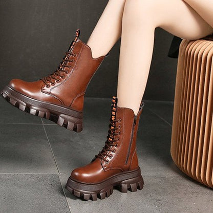 Winter Shoes Women Boots Round Toe Flats Black & Brown Leather