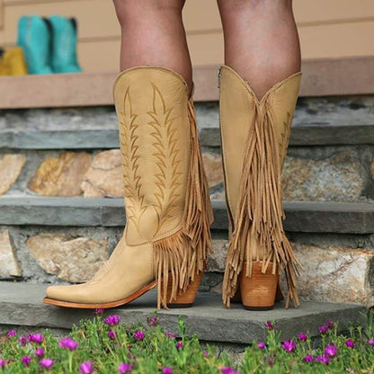 Women's Chunky Heel Side Zipper Tassel Cowboy Boots 85245484C