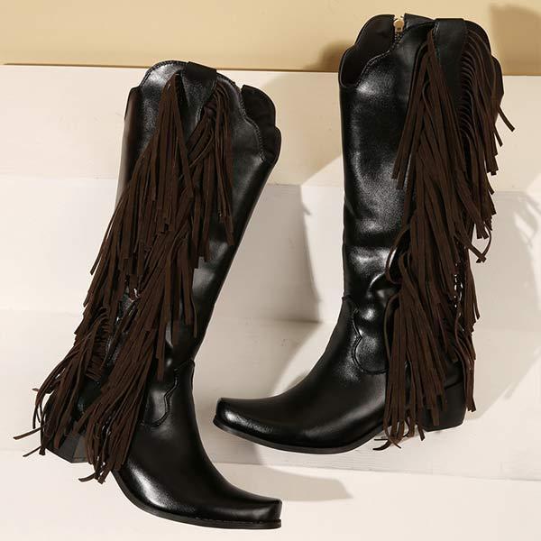 Women's Mid Heel High Boots But Not Knee Chunky Heel Fringed Boots 25406999C