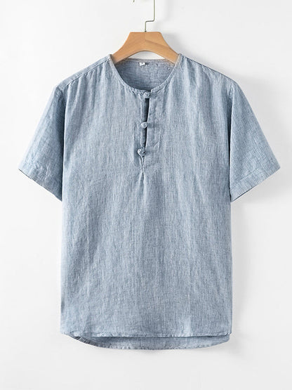 Men's 100% Linen Round Neck Short Sleeve Shirt