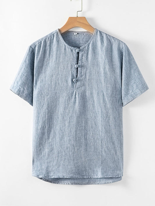 Men's 100% Linen Round Neck Short Sleeve Shirt