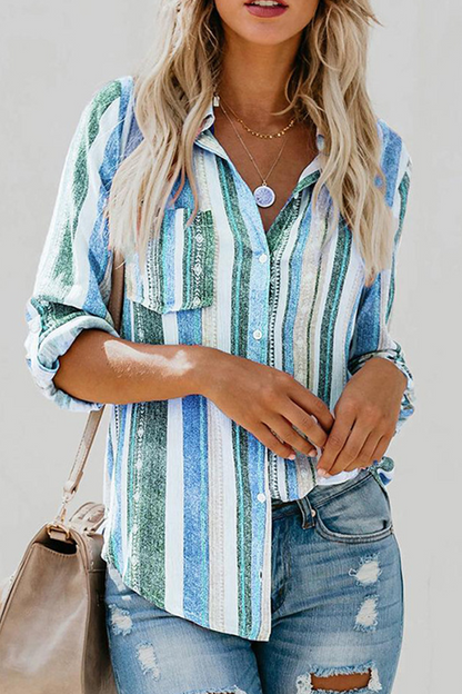 Casual Striped Patchwork Turndown Collar Tops(8 colors)