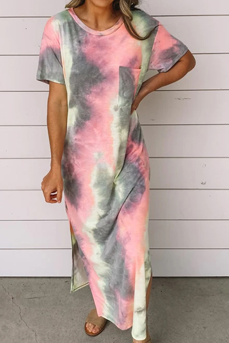 Fashion Patchwork Tie-dye O Neck Straight Dresses