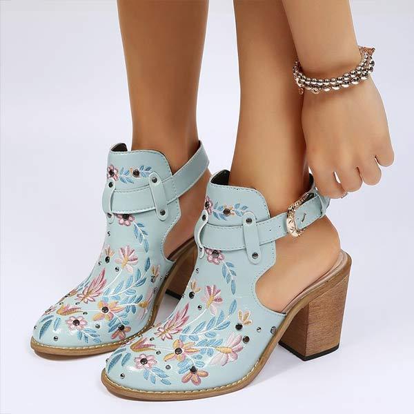 Women'S Chunky Heel Embroidered Buckle Booties 49878522C