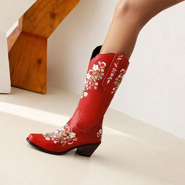 Women's Embroidered Floral Cowboy Boots with Chunky Heel and Pull-on High Shaft 86699639C