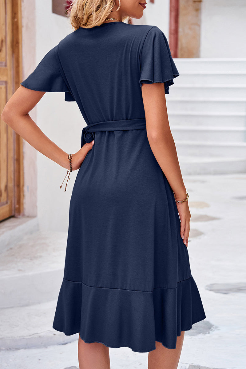 Elegant Simplicity Solid Frenulum Asymmetrical V Neck Irregular Dress Dresses