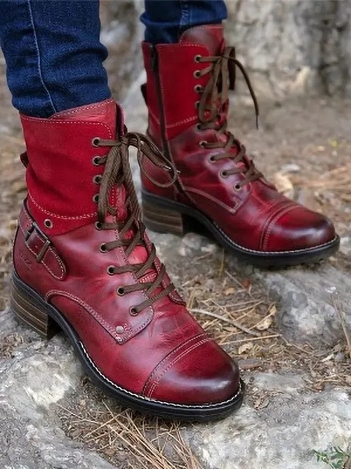 Retro Stitching Lace-up Zipper Boots