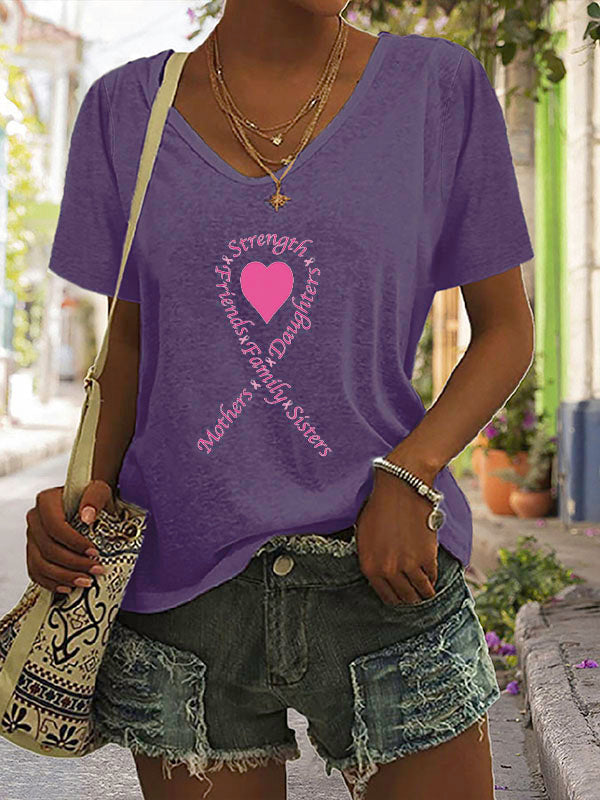 Pink Heart Ribbon V-neck Short Sleeve T-shirt