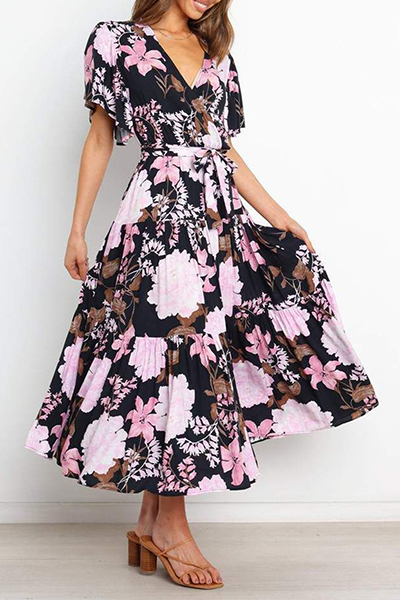 Fashion Elegant Floral Flounce Strap Design V Neck Waist Skirt Dresses(4 Colors)