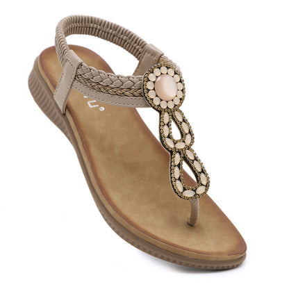 Boho Style Rhinestone T-Strap Sandals for Women - Perfect for Beach Vacations