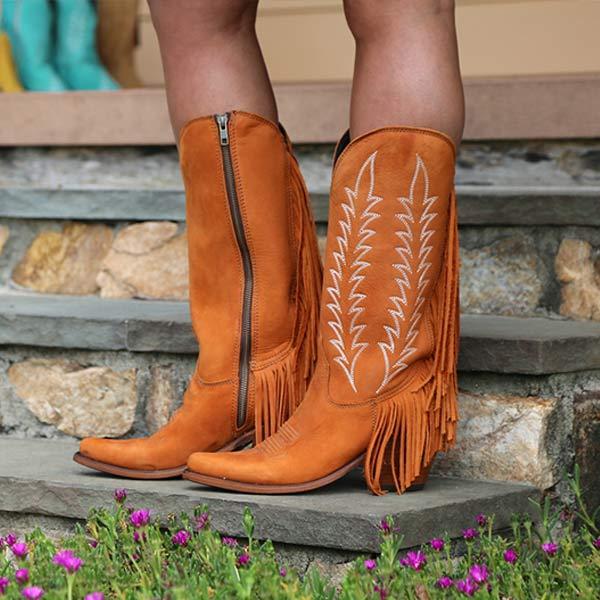 Women's Chunky Heel Side Zipper Tassel Cowboy Boots 85245484C