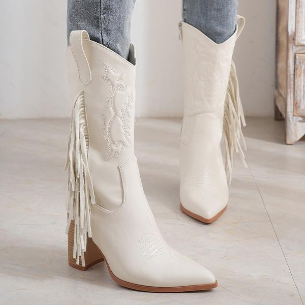 Women's Fashion Pointed Toe Tassel Chunky Heel Boots 72312603S