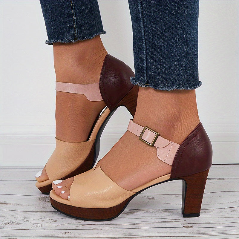 Women's Buckle Strap Open Toe Chunky Heel Sandals