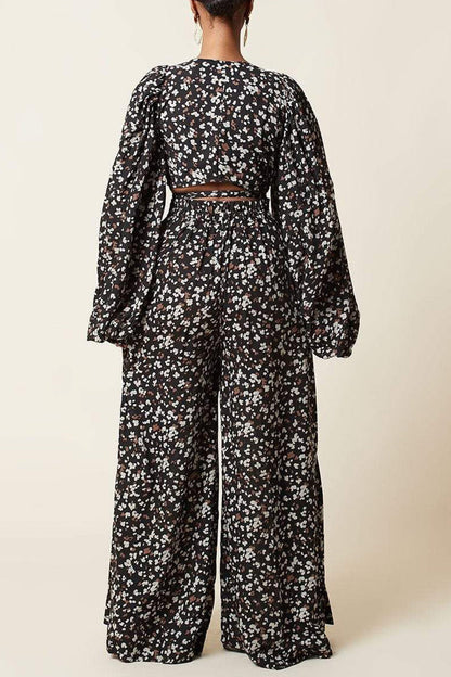 Fashion Casual Print Bandage V Neck Long Sleeve Two Pieces
