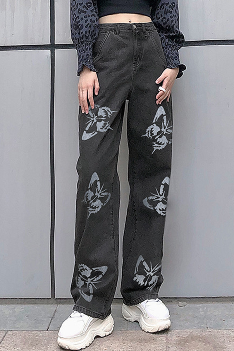 Fashion Street Butterfly Print Straight Wide Leg Bottoms